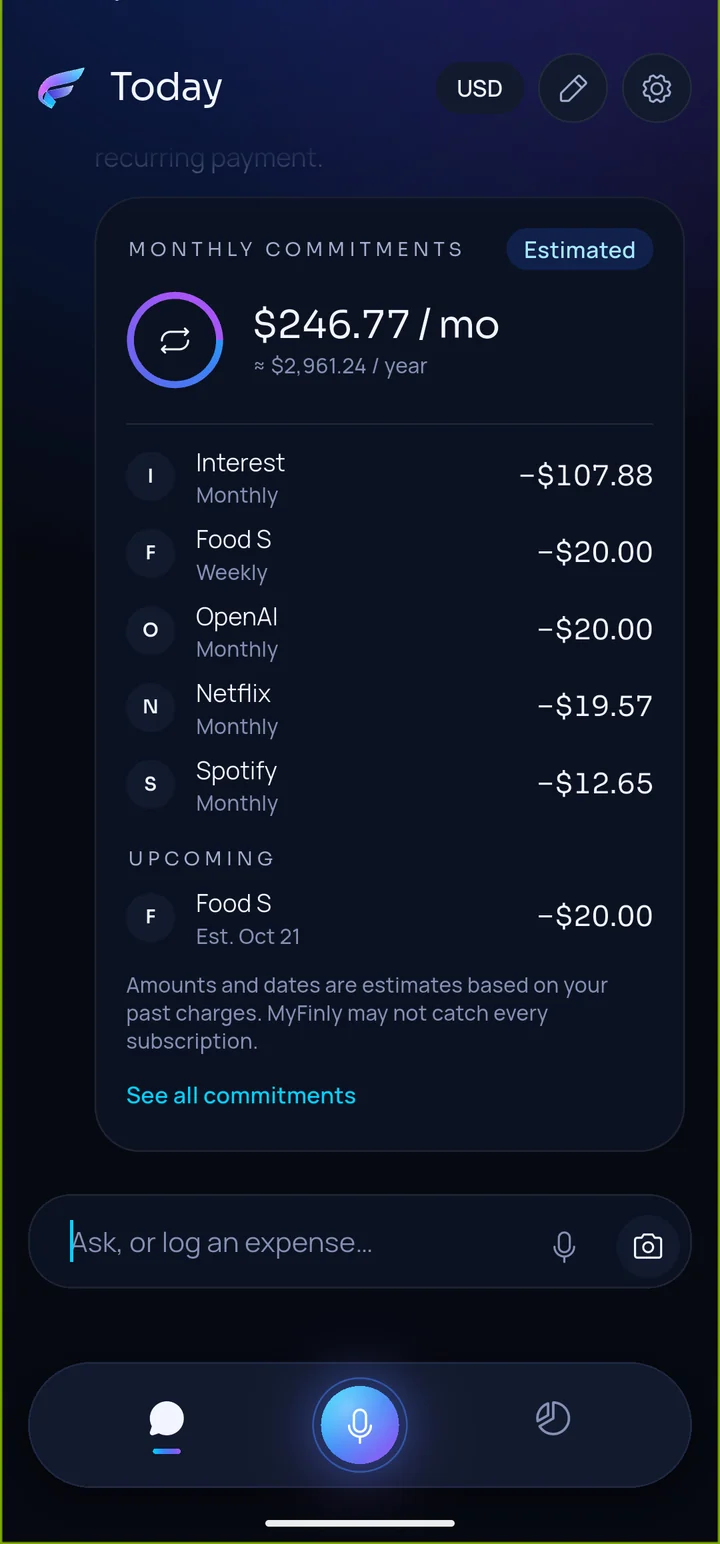 Monthly commitments card listing recurring payments with an estimated monthly total.