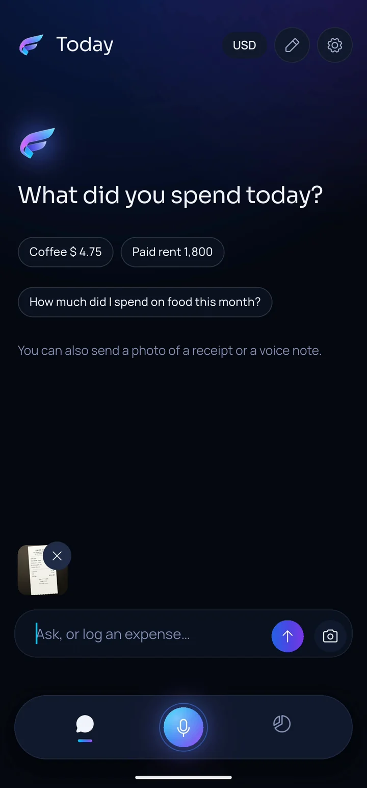 MyFinly chat with a receipt photo attached and ready to send.