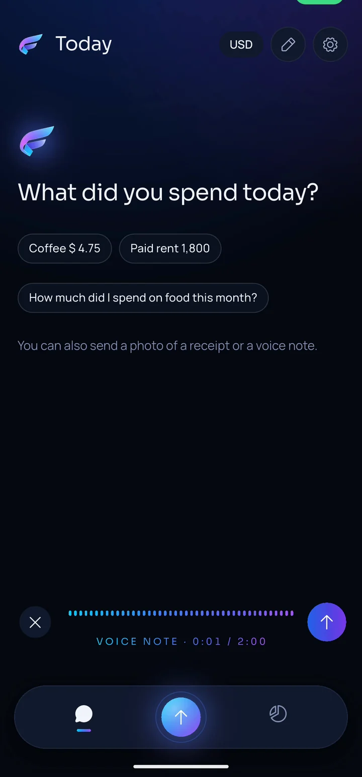 MyFinly recording a voice note, with a waveform and a 2-minute limit.